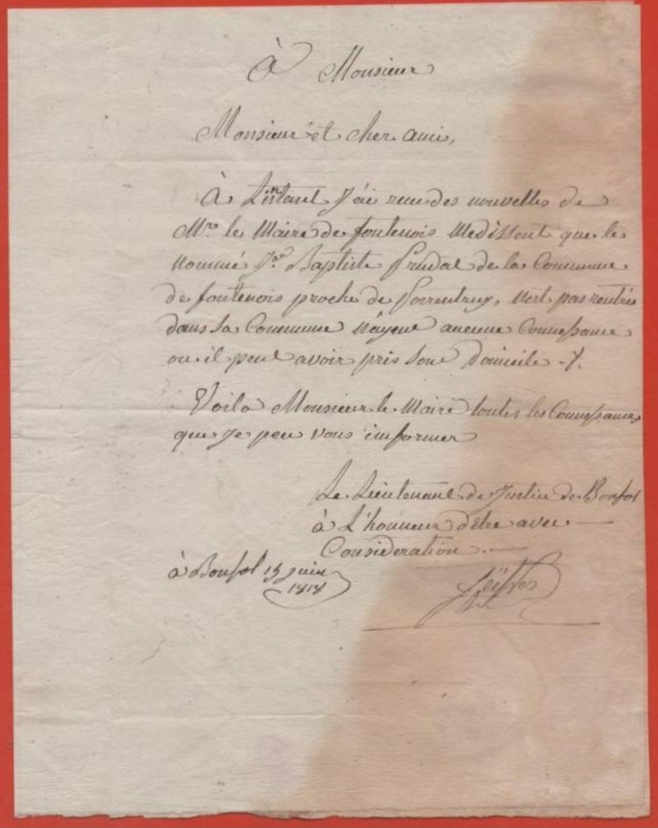 BONFOL 1818  Porrentruy Fontenois  Lettre En Franchise - 1801-1848: Précurseurs XIX