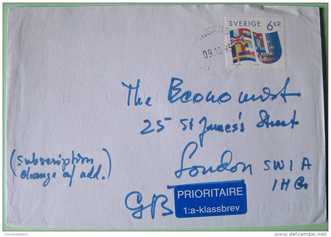 Sweden 1995 Cover To London England UK - European Union Flag - Swedish Membership In EU - Lettres & Documents