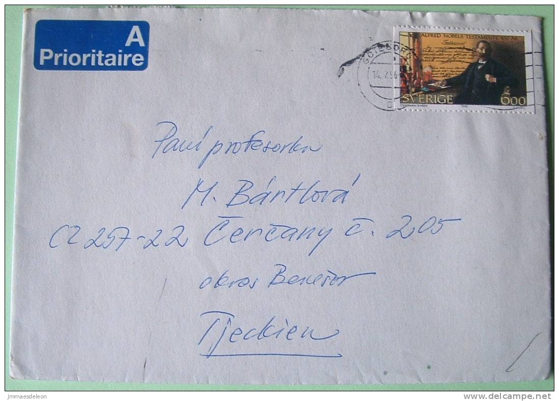 Sweden 1996 Cover To Czech Republic - Alfred Nobel Testament And Prize - Back Flap Missing - Storia Postale