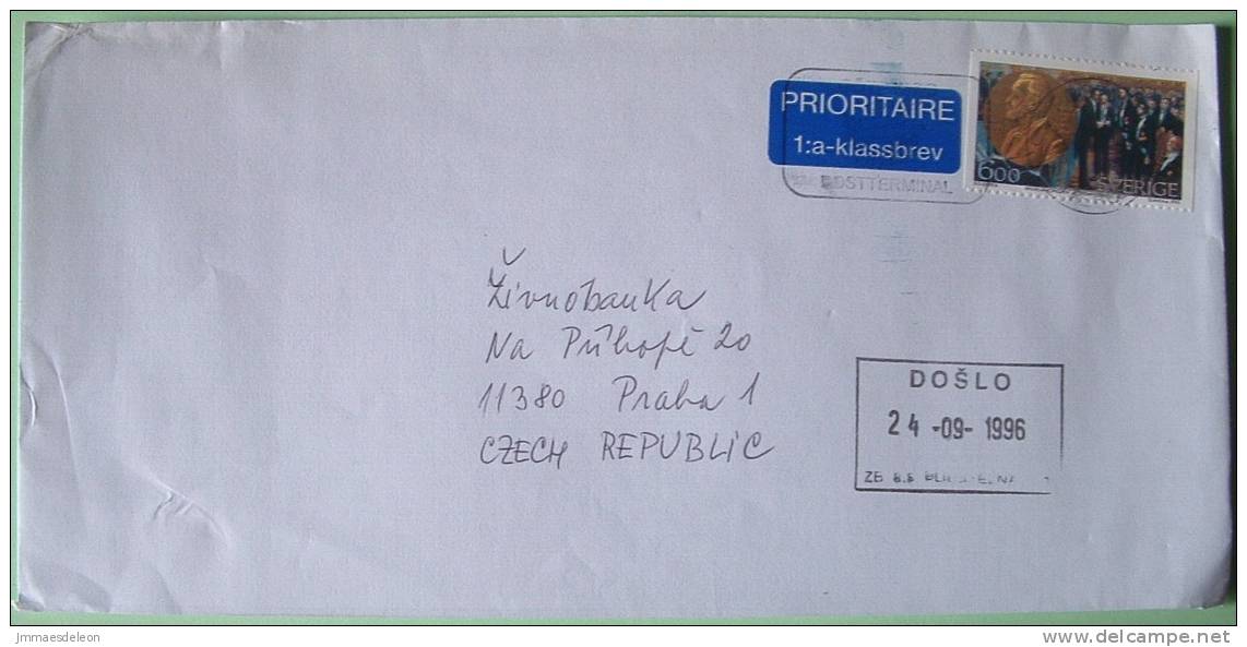 Sweden 1996 Cover To Praha Czech - Alfred Nobel Testament - Prize William Rontgen Physics Receiving Prize Medal - Covers & Documents
