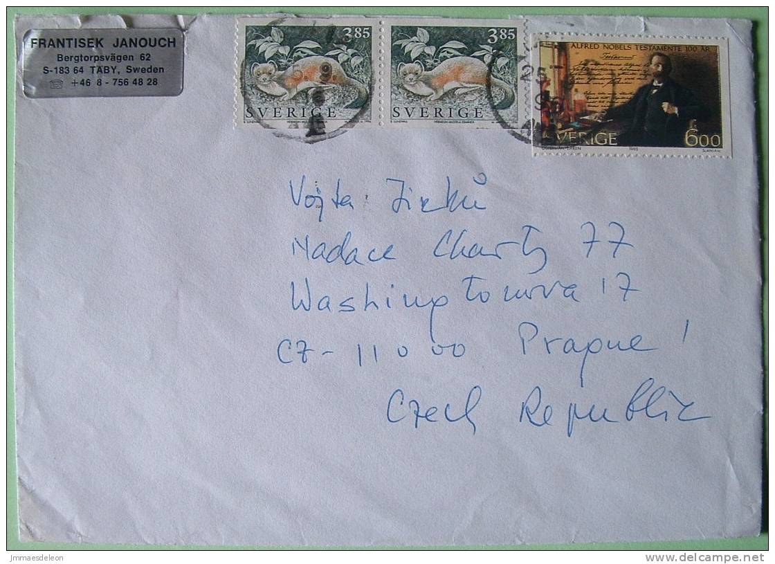 Sweden 1996 Cover To Praha Czech - Wild Animal Mustela - Alfred Nobel Testament Prize - Lettres & Documents