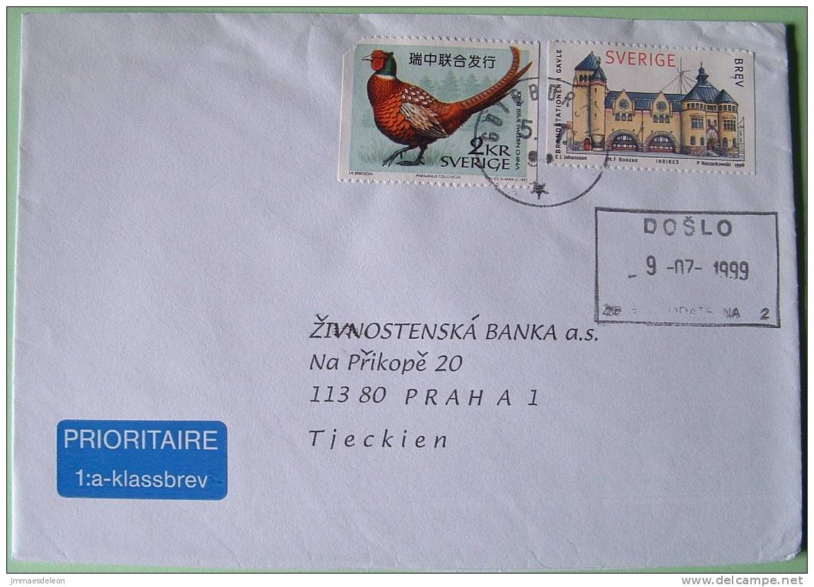 Sweden 1999 Cover To Praha Czech - Public Buildings Fire Station - Bird Pheasant - China Joint Issue - Covers & Documents