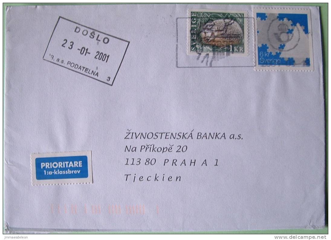 Sweden 2001 Cover To Praha Czech - Hedgehog Animal - Snow Cristals Christmas Snowflakes - Brieven En Documenten