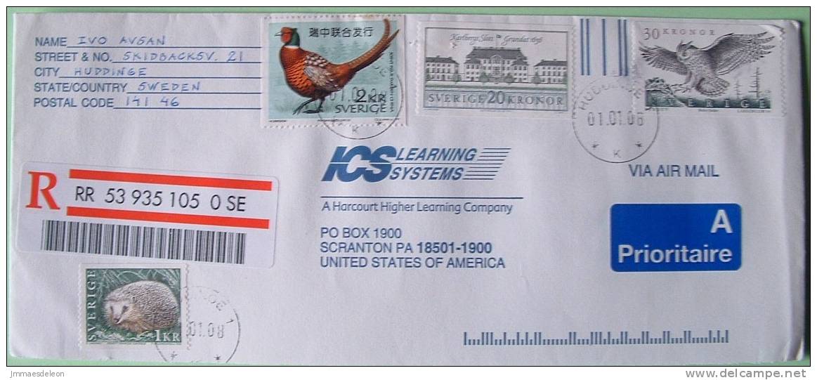 Sweden 2008 Registerd Cover To USA - Hedgehog Animal Owl (30 K) Bird Pheasant China Joint Issue Karlberg Palace - Brieven En Documenten