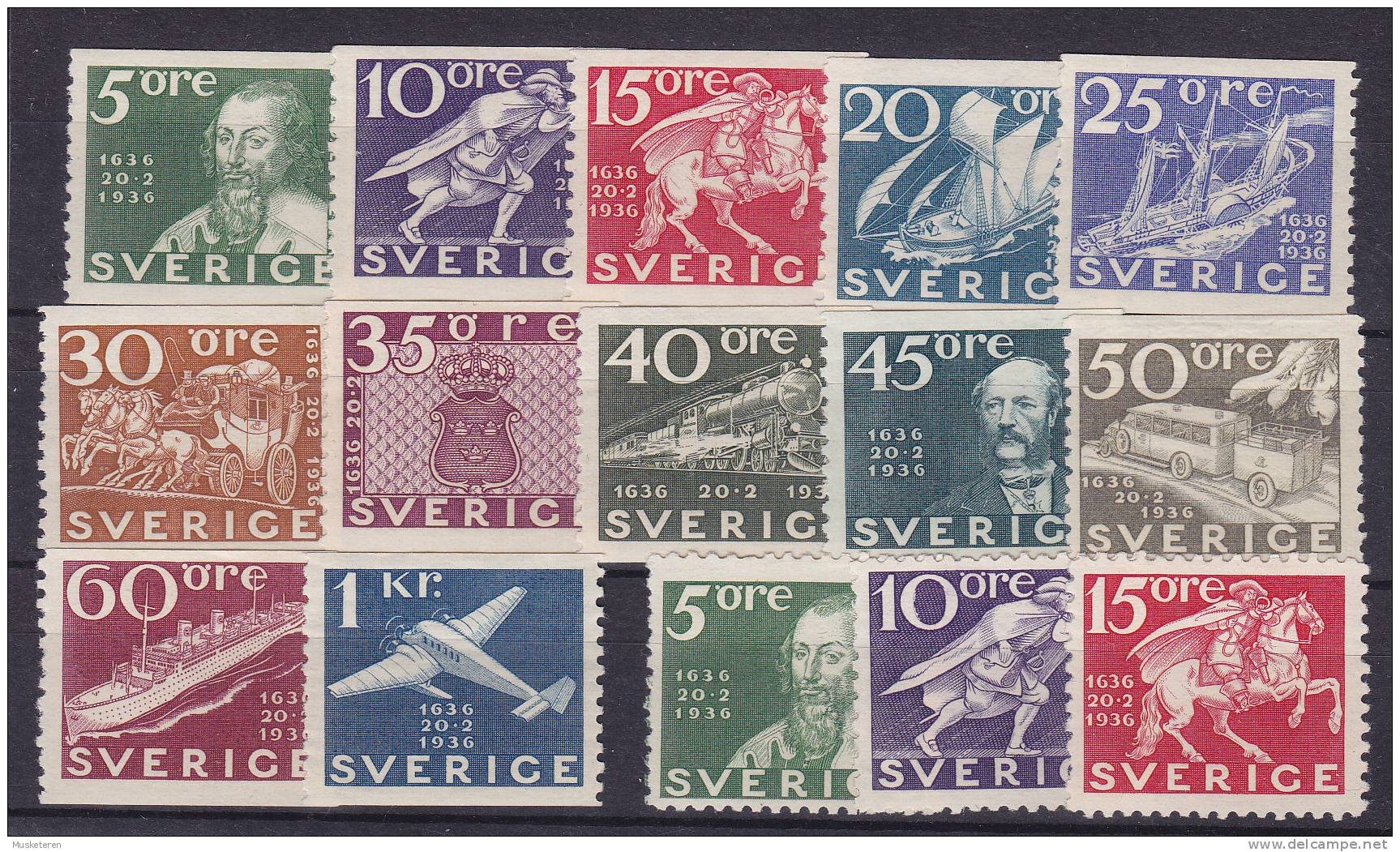 Sweden 1936 Mi. 227A - 238A 300 Jahre Schwedische Post Complete Set MNH**  (Except 238A Which Is MH*) - Nuevos