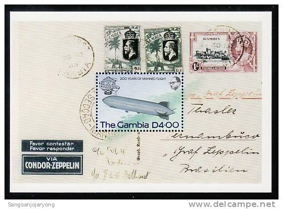 Aviation, Gambia Sc497 Zeppelin, Stamp On Stamp - Zeppelins