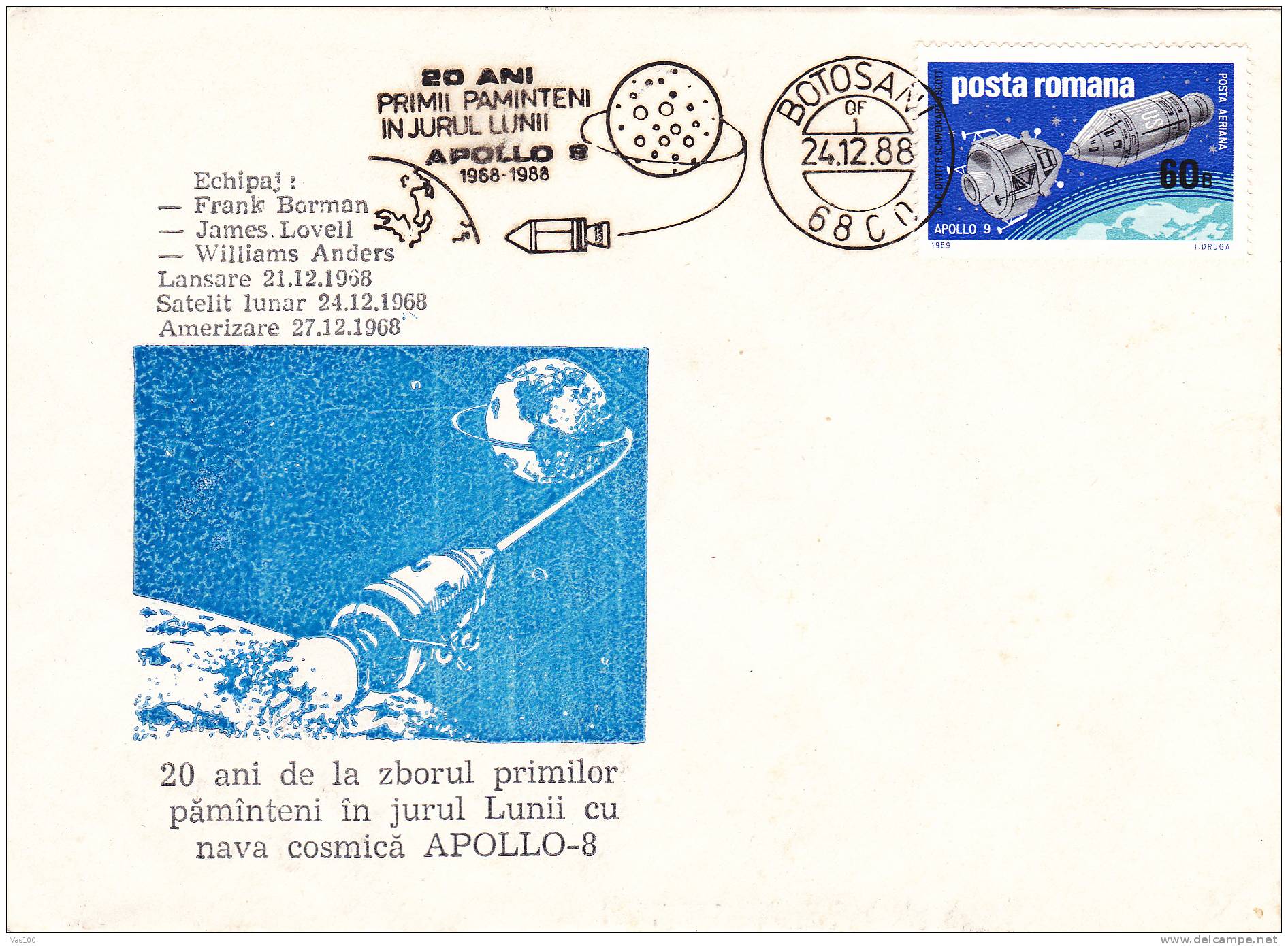 Space Mission,Apollo -8 Special Covers 1988 Obliteration Botosani - Romania. - Europe