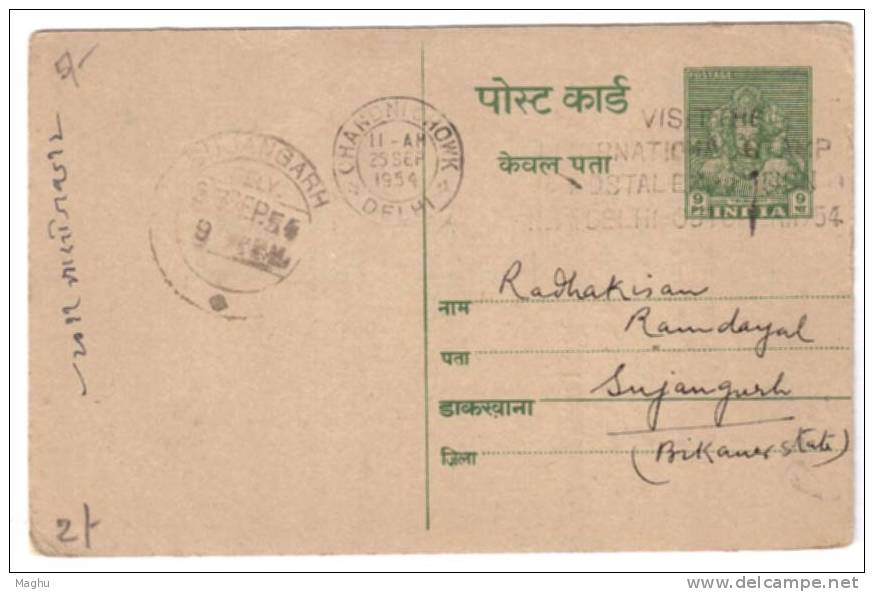 India Slogan 1954 "Visit Internatioanl Stamp....."  On  Postal Stationery, Postcard, Used Post Card - Covers & Documents