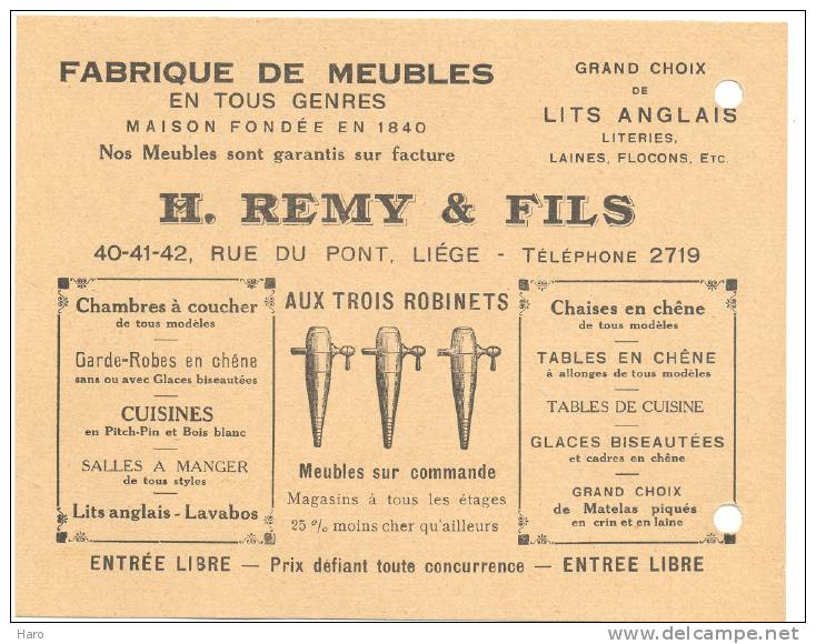 LIEGE - Carte De Visite - Fabrique De Meubles H. Remy & Fils "Aux Trois Robinets" (sf30) - Cartes De Visite
