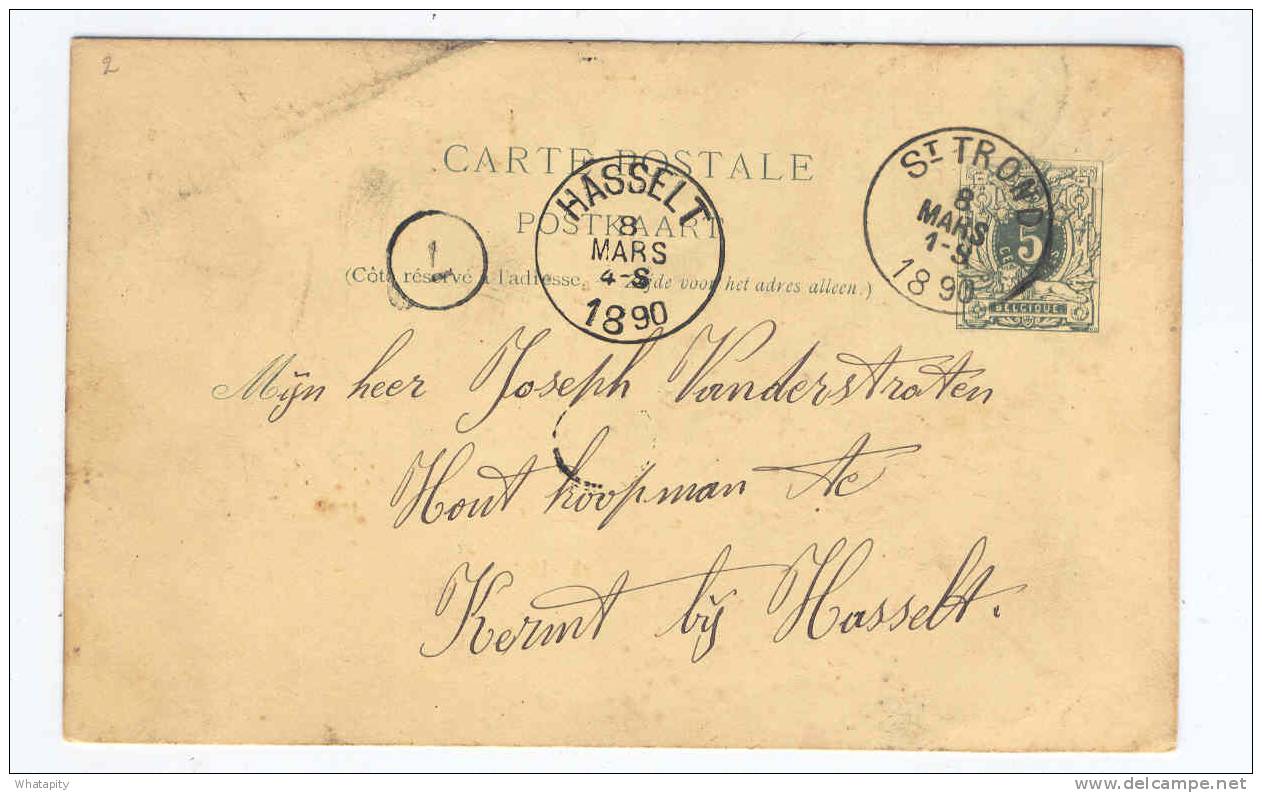 Entier Postal Lion Couché ST TROND 1890 Vers KERMT Bij HASSELT - Origine Jan Motmans à NIEUWERKERKEN --  B7/661 - Postkarten 1871-1909