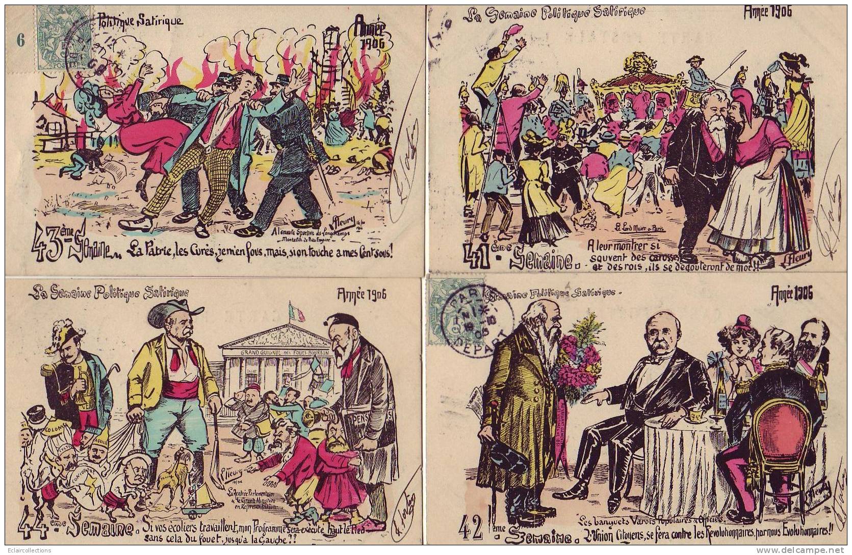 Politique -Satirique. Illustrateur L.Fleury .Rare série illustrée de l'année 1906 en 52 CP    ( voir scan)