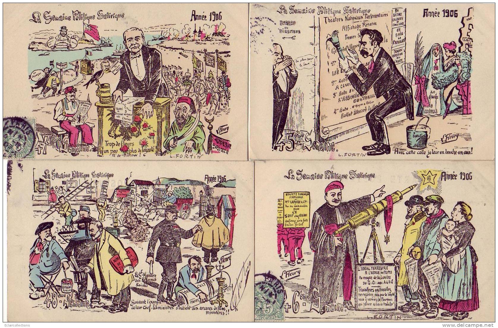 Politique -Satirique. Illustrateur L.Fleury .Rare série illustrée de l'année 1906 en 52 CP    ( voir scan)