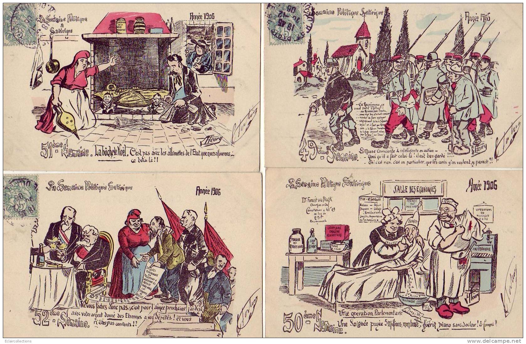 Politique -Satirique. Illustrateur L.Fleury .Rare série illustrée de l'année 1906 en 52 CP    ( voir scan)