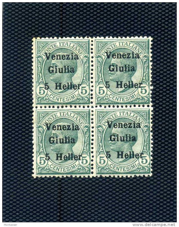 VENEZIA GIULIA. 1919. Quartina 5 Heller Su 5 Cent. Verde. NUOVI. - Venezia Giulia