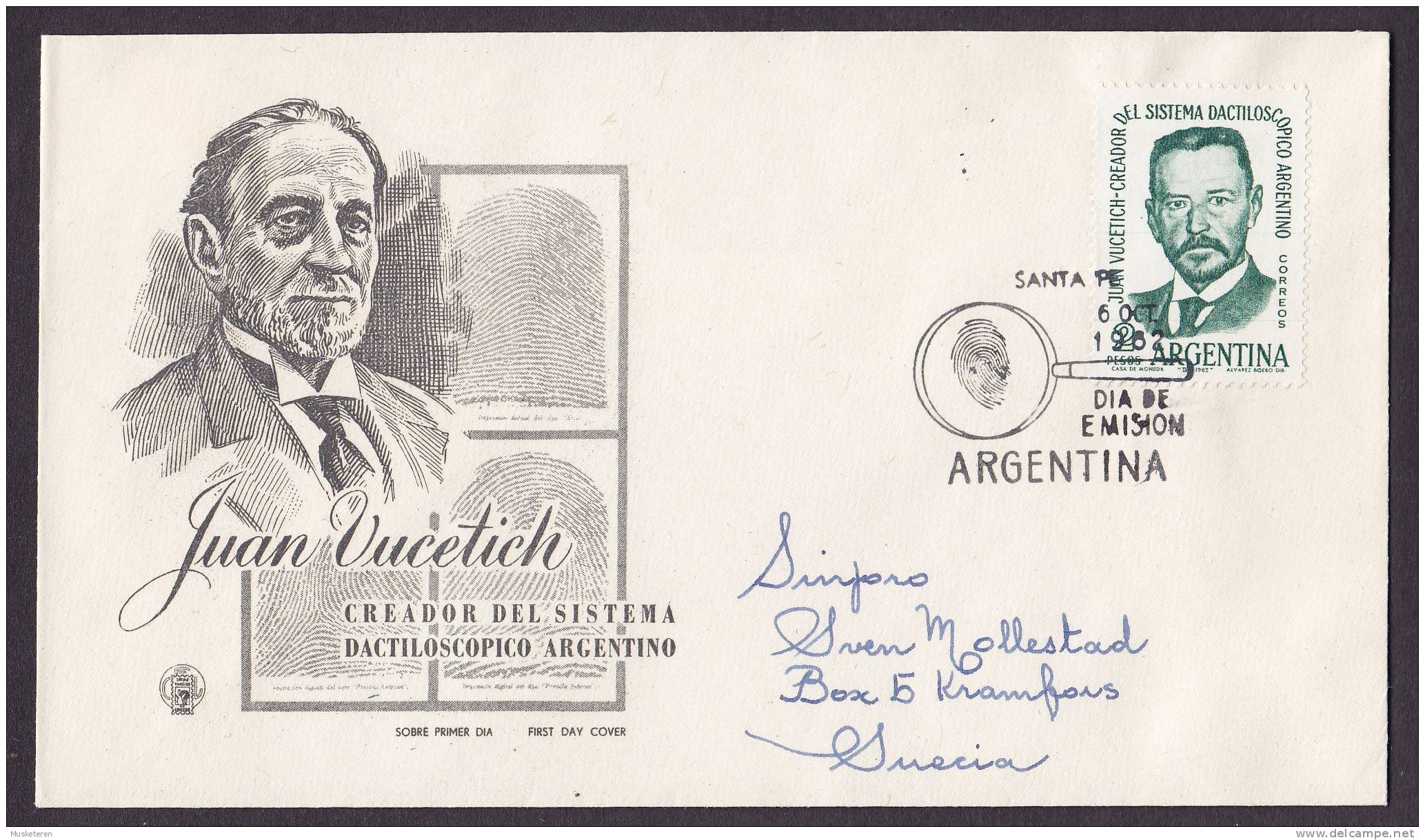 Argentina FDC Cover 1962 Sobre Primer Dia Juan Vucetich Sistema Dactiloscopio ESPERANTO LINGVO INTERNACIA (2 Scans) - FDC