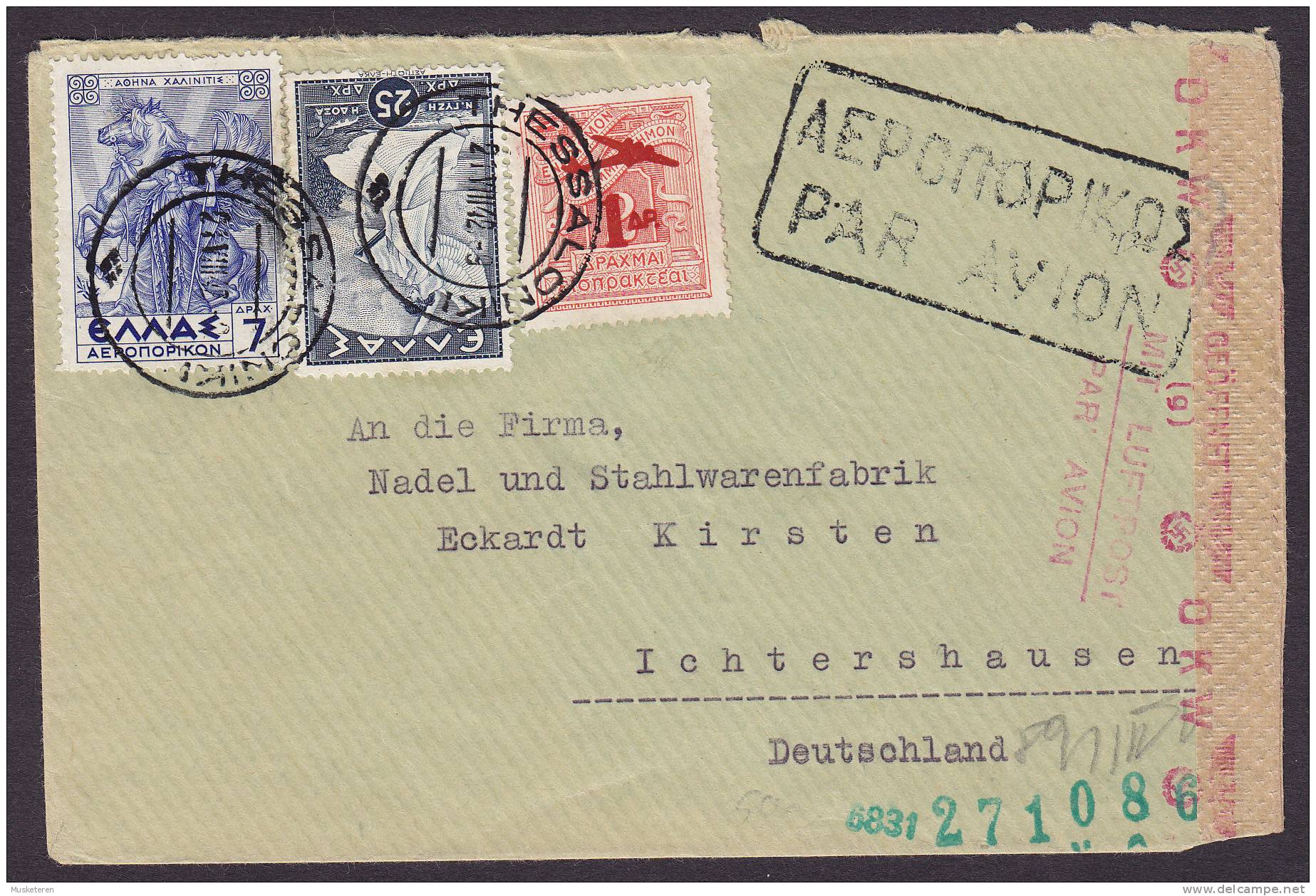 Greece THESSALONIKI Airmail Par Avion 1942 Cover To ICHTERSHAUSEN Germany Censor Zensur Geöffnet  (2 Scans) - Brieven En Documenten