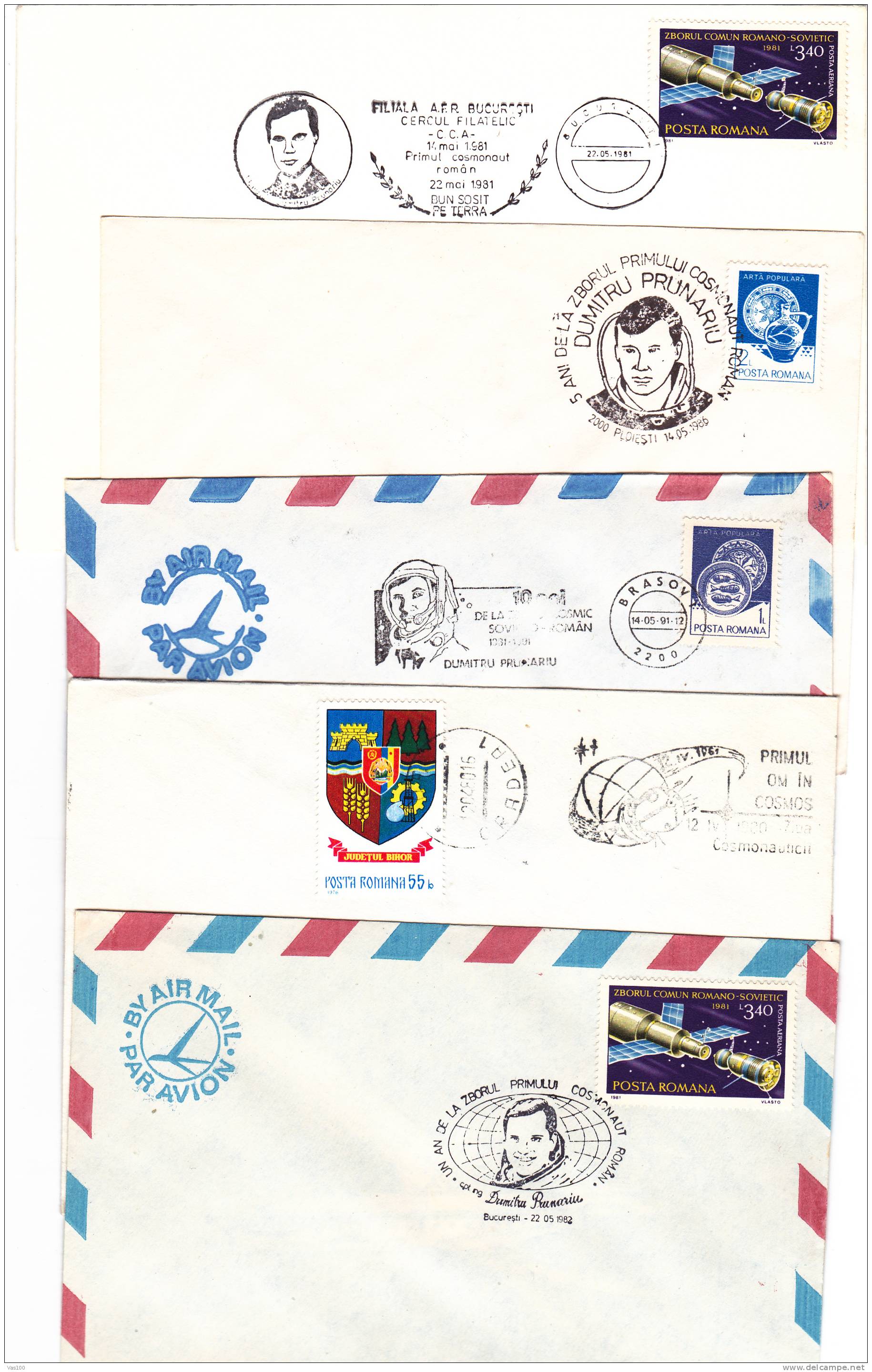 Space Mission Dumitru Prunariu Cosmonaut,5X Covers,1980-81-82-86-91 Commemorative Cancel Romania. - Europe