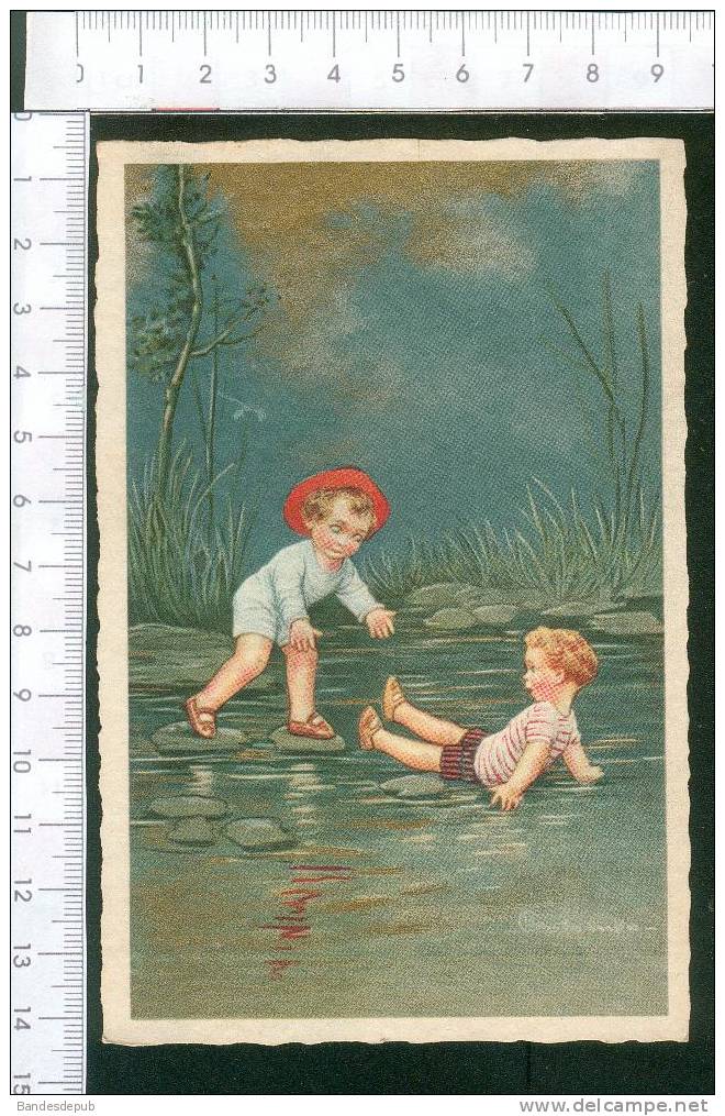 Très Belle Carte Dorée Illustrée Par Colombo Enfant Passage à Gué Guarneri - Colombo, E.