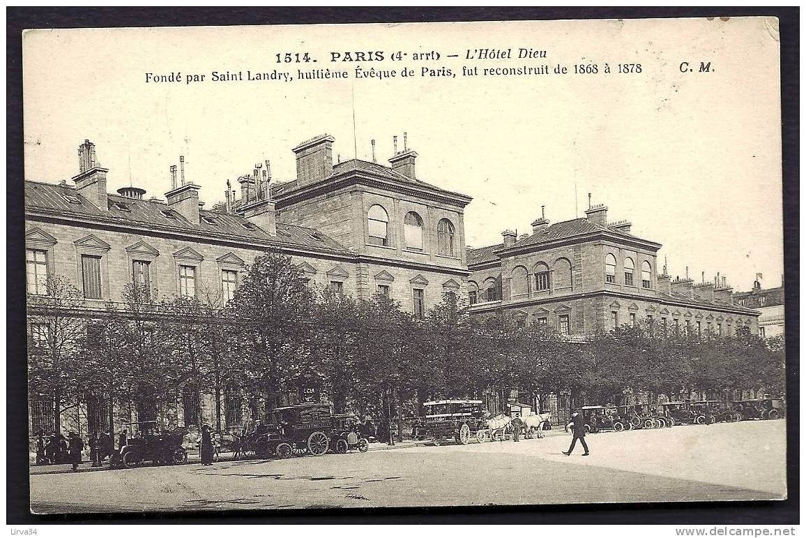 CPA  ANCIENNE- FRANCE- PARIS (75)- L'HOTEL-DIEU FONDÉ PAR SAINT LANDRY- STATION DES TAXIS- OMNIBUS HIPPOMOBILE- FOURGON - Santé, Hôpitaux