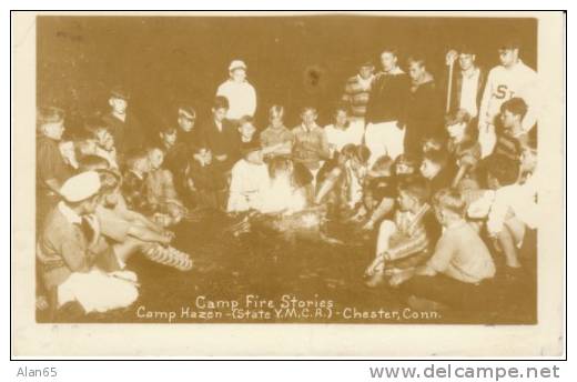Chester CT Connecticut, Camp Fire, Camp Hazen State YMCA, Boys Around Campfire,  C1930s Vintage Postcard - Autres & Non Classés