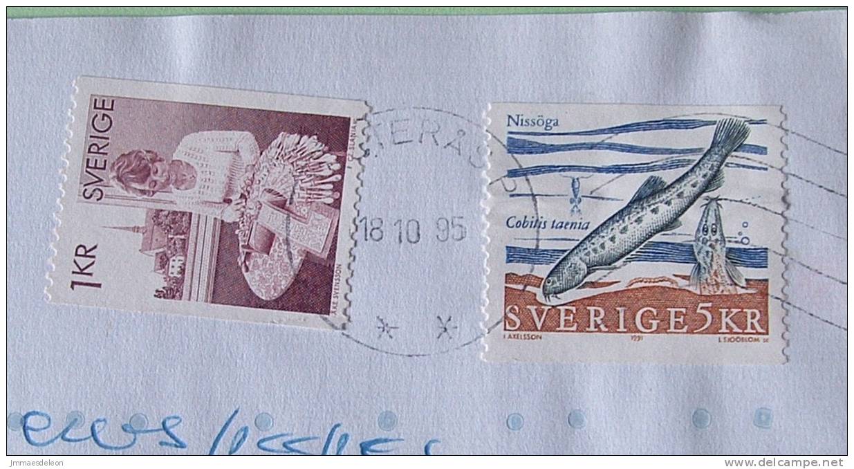 Sweden 1995 Cover To England UK - Fish - Bobbin Lacer Maker Woman - Brieven En Documenten