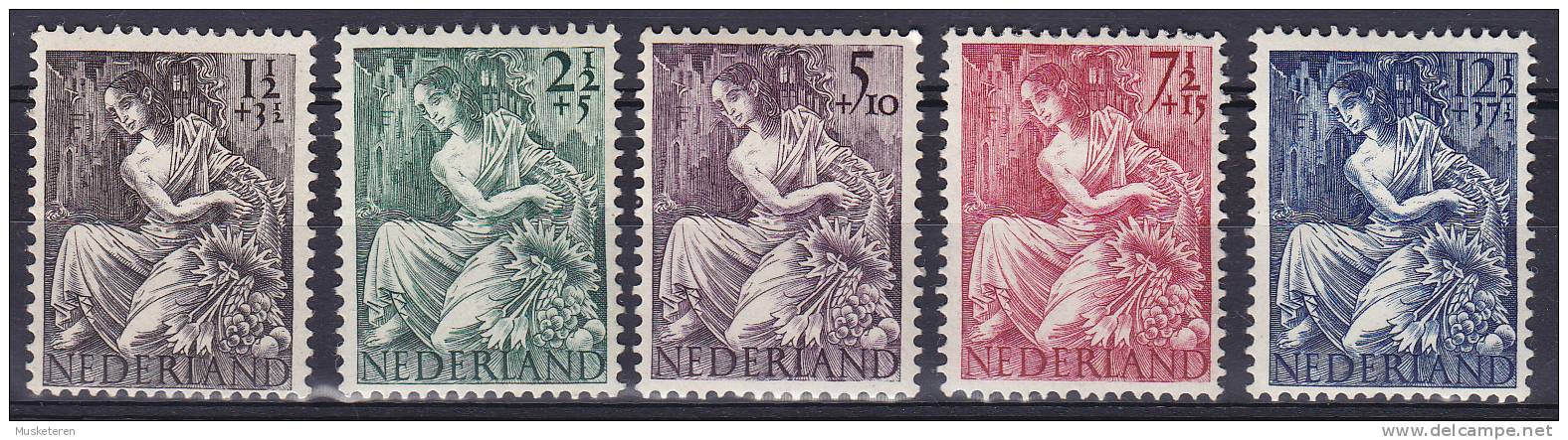 Netherlands 1946 Mi. 457-61 Kriegopferhilfe Fruengestalt Mit Füllhorn Vor Ruinen Complete Set MH* - Unused Stamps