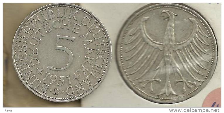 GERMANY WEST 5 MARK INSCRIPTIONS  FRONT EAGLE EMBLEM BACK 1951 D  AG SILVER  VF READ DESCRIPTION CAREFULLY !!! - 5 Mark