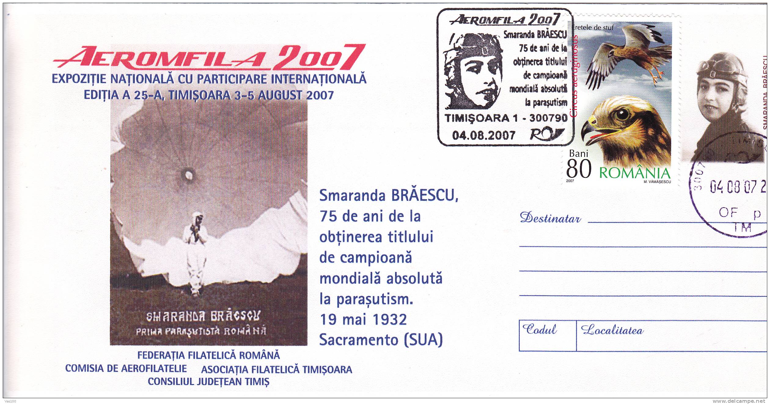 Parachutisme Parachutting,1932,Sacrame Nto USA,Smaranda Braescu The Skydiving World Champion!special Cover 2007 Romania. - Paracadutismo