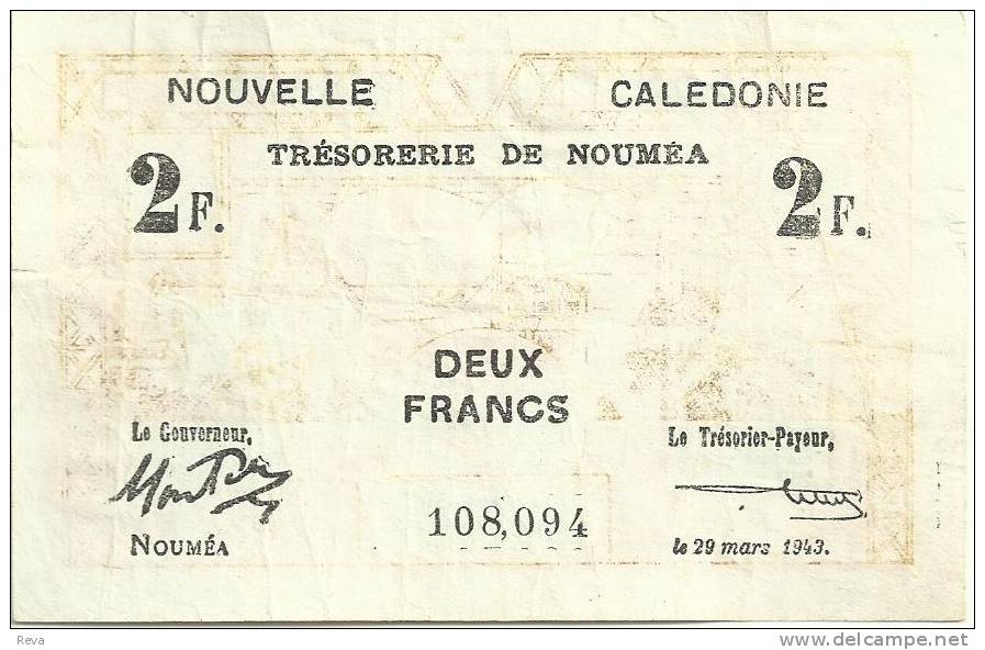 NEW CALEDONIA 2 FRANCS MINE FRONT ANIMAL HEAD BACK WWII EMERGENCY ISSUE DATED 29-03-1943 FADED VF READ DESCRIPTION!! - Nouvelle-Calédonie 1873-1985