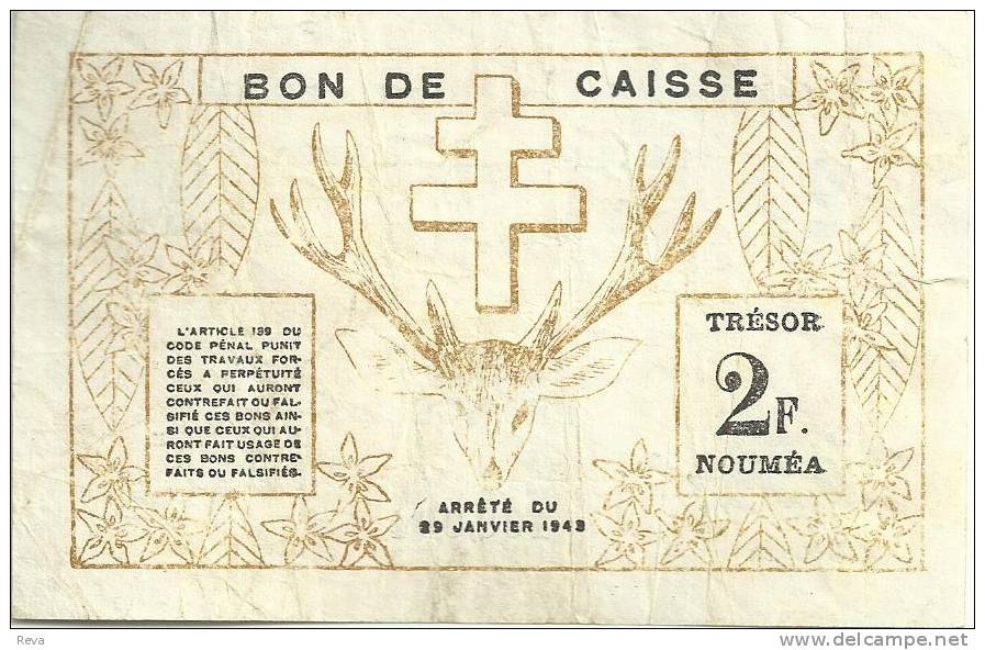 NEW CALEDONIA 2 FRANCS MINE FRONT ANIMAL HEAD BACK WWII EMERGENCY ISSUE DATED 29-03-1943 FADED VF READ DESCRIPTION!! - Nouméa (New Caledonia 1873-1985)