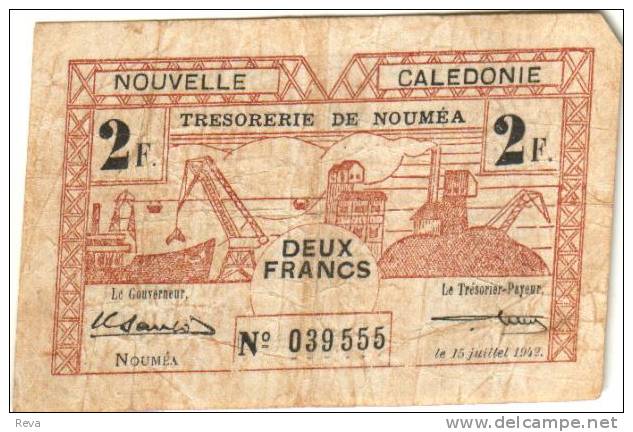 NEW CALEDONIA 2 FRANCS MINE FRONT ANIMAL HEAD BACK WWII EMERGENCY ISSUE DATED 29-03-1943 FADED VF READ DESCRIPTION!! - Nouvelle-Calédonie 1873-1985