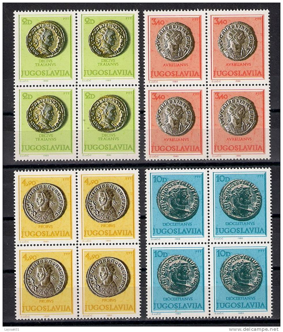 Yugoslavia 1980. Roman Coins MNH Mi.1838/41. Museum Exhibits Blocks Of 4 Stamps - Usados