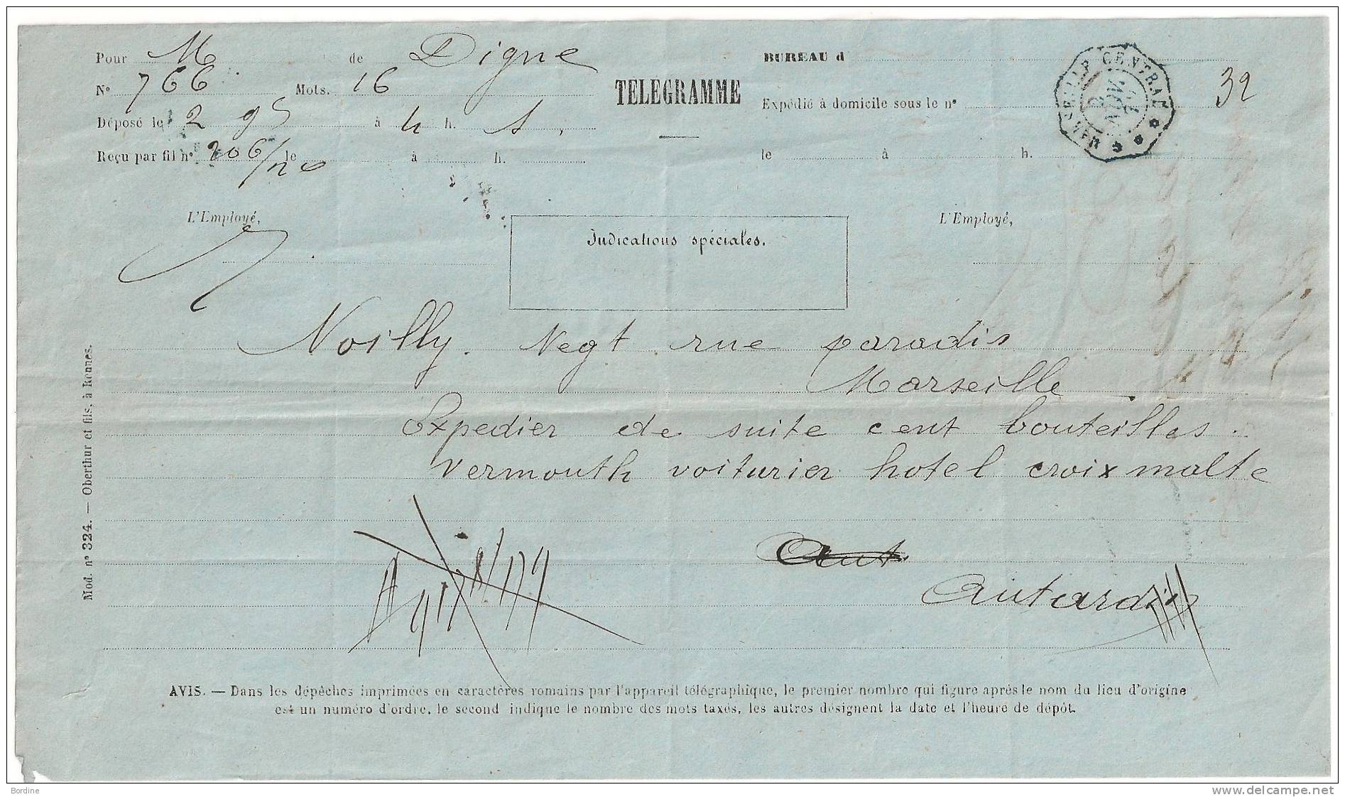 Lettre - TELEGRAMME - DIGNE  à MARSEILLE - Càd Télégrammes - 1872 - SUPERBE - Télégraphes Et Téléphones