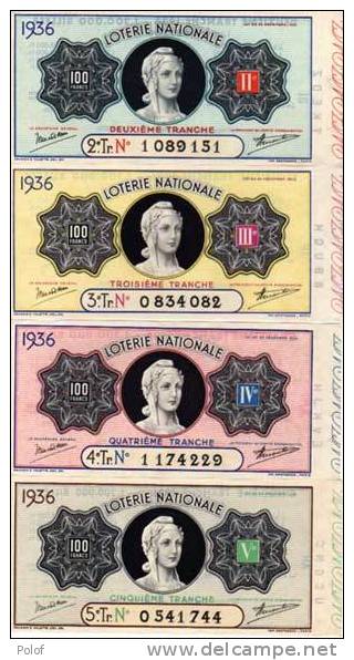 4 Billets De Loterie Nationale Francaise- 1936 - Marianne 2, 3, 4, 5° Tranche (28016) - Billets De Loterie