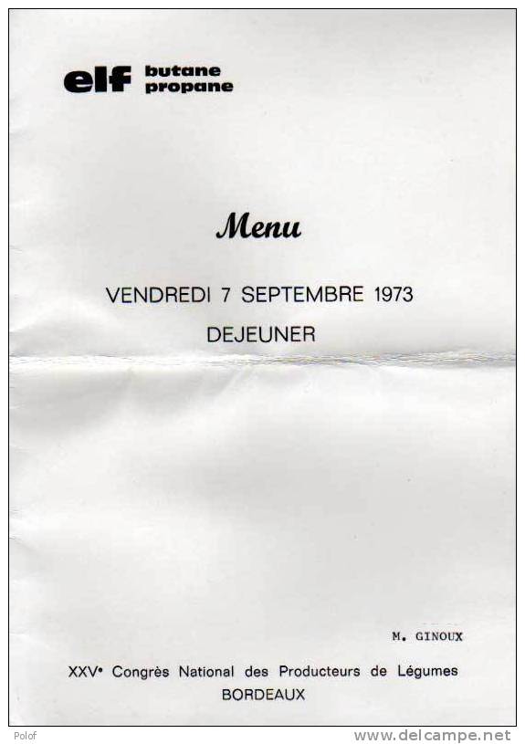 MENU XXV° Congres National Des Producteurs De Legumes-bordeaux-7 Septembre 1973(28038) - Menus