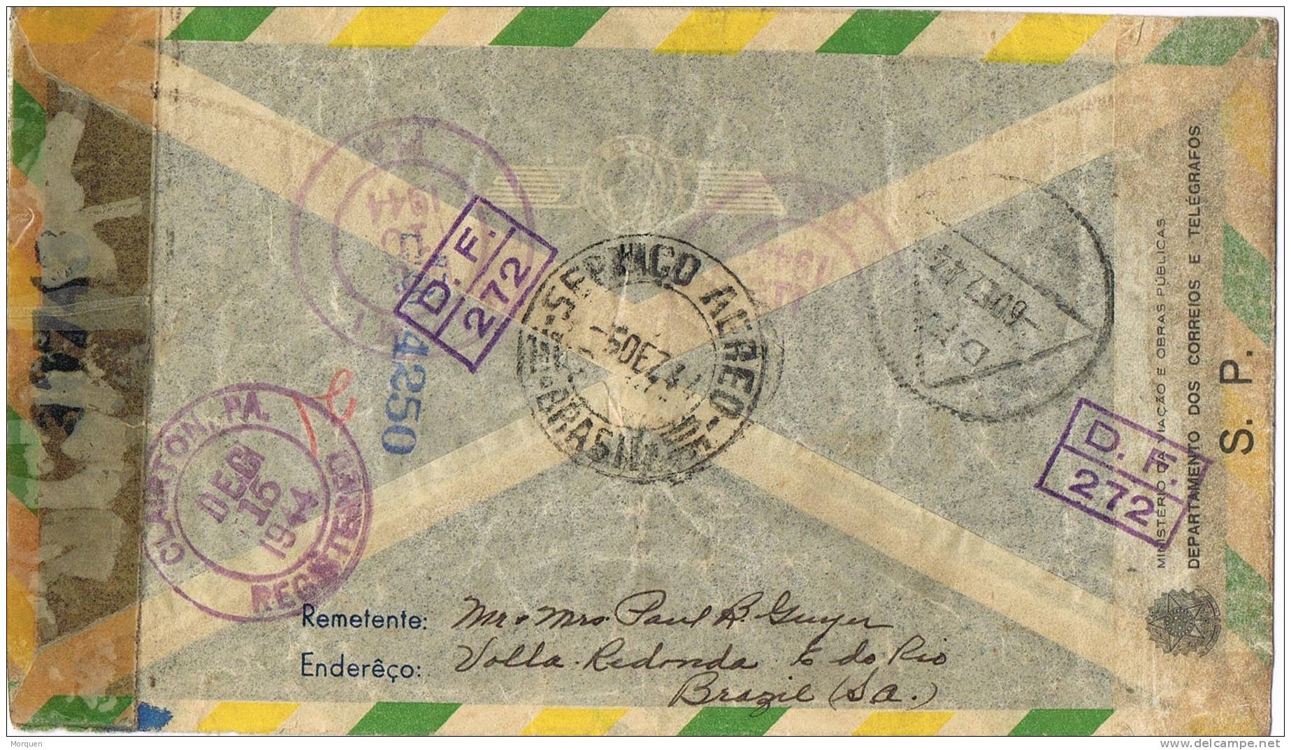 Carta Aerea Certificada RIO JANEIRO (Brasil)  1944. Doble CENSOR, CENSURA Guerra - Brieven En Documenten