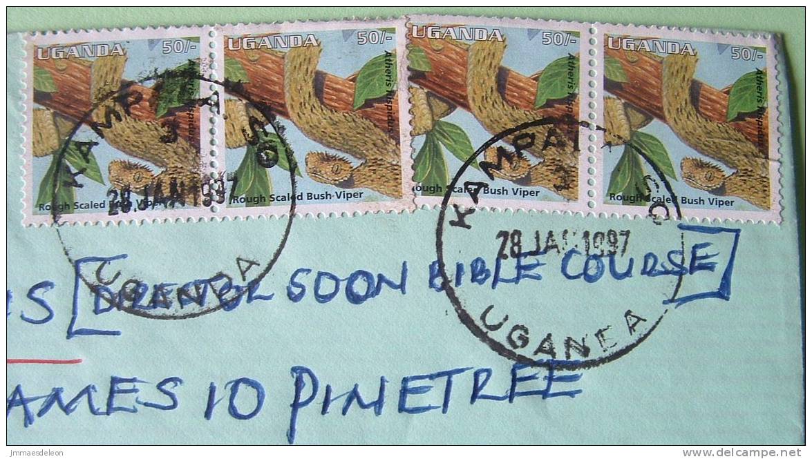 Uganda 1997 Cover To England UK - Snake Bush Viper - Half Of Rate For England (said Extremely Urgent) - Bible Adress - Ouganda (1962-...)