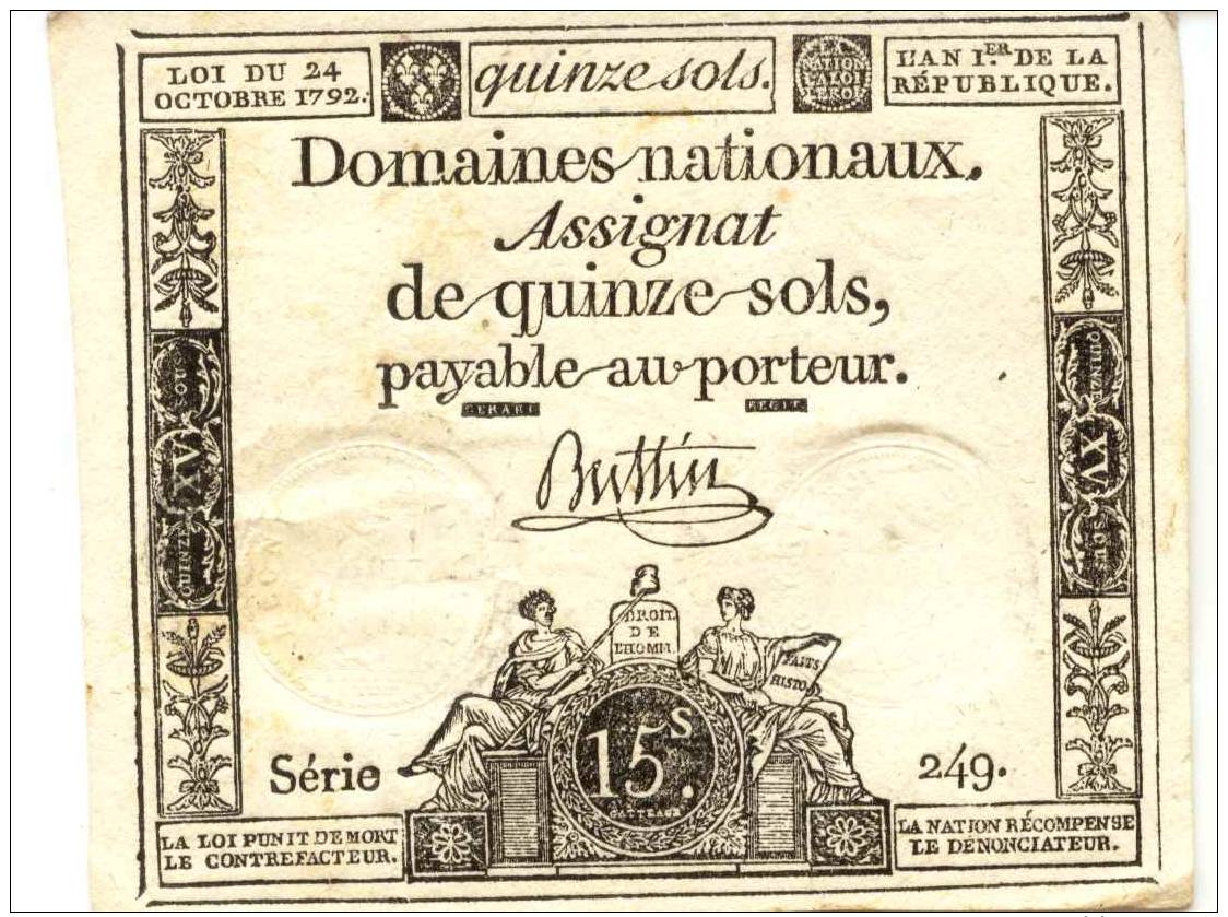 FRANCE : Assignat 15 Sols 1792. Serie 249 - Assignats