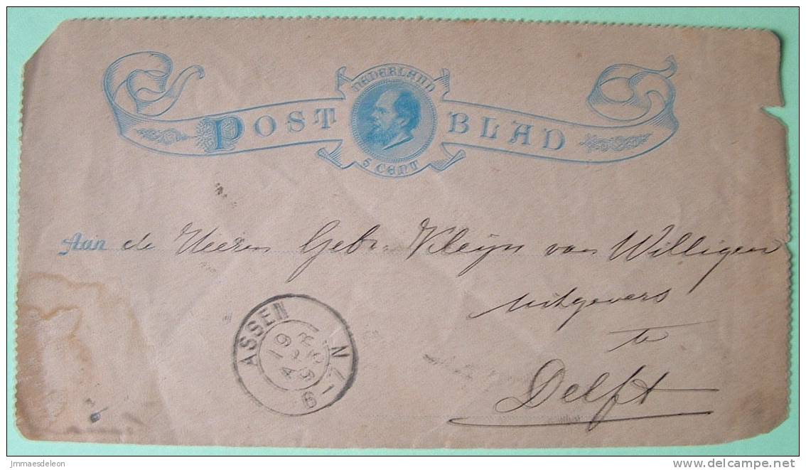 Netherlands 1890 Postal Stationery - Assen To Delft - Postal Stationery