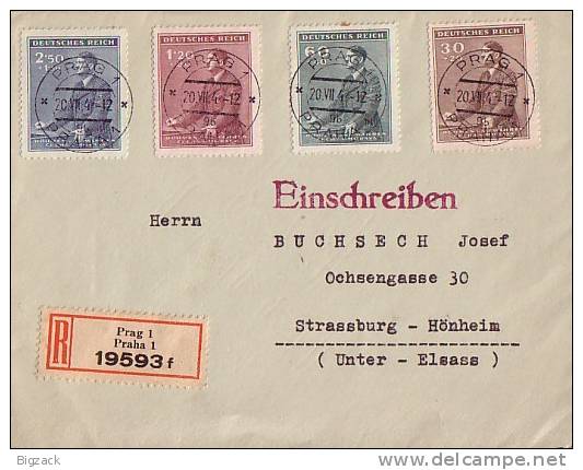 Böhmen Und Mähren R-Brief Mif Minr.85-88 Prag 20.7.42 Ge. Nach Strassburg - Briefe U. Dokumente