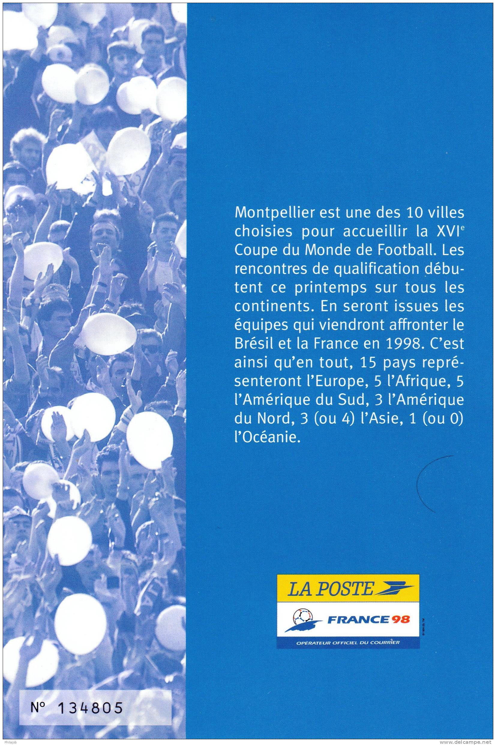 Encart 1er Jour De 4 Pages N°té : " MONTPELLIER Ville Organisatrice De FRANCE 98 : " Avec 4 X N°YT 3011 + Prix Dégres. - Autres & Non Classés