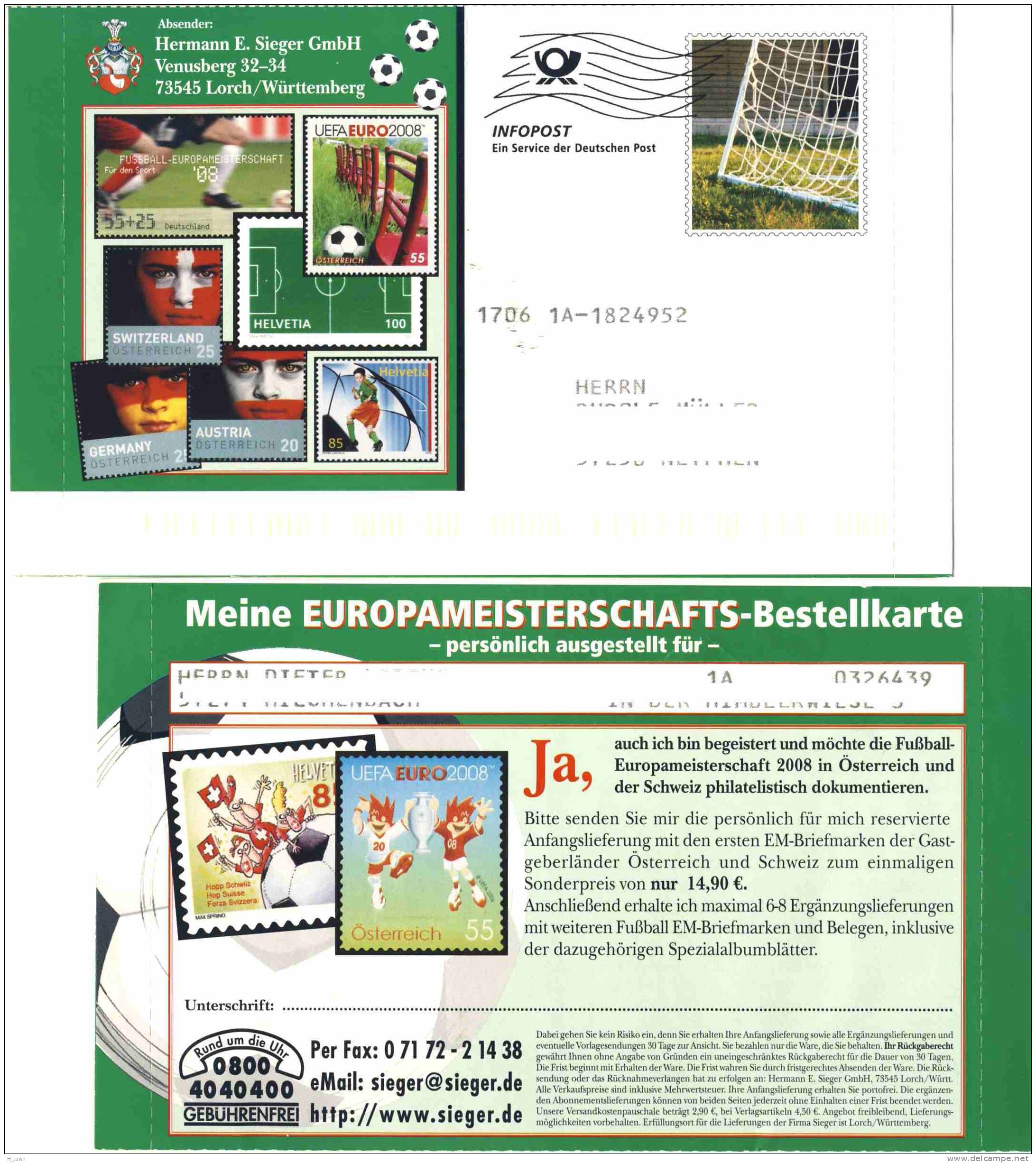 Championat D'Europe 2008, Suisse Autriche: C.p. Port Payé Allemagne  –  PP Postcard From Germany. - UEFA European Championship