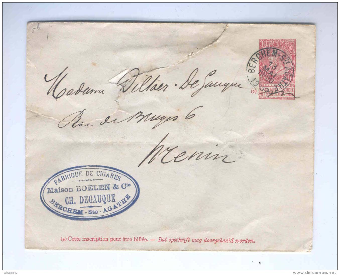 Enveloppe Entier Fine Barbe BERCHEM STE AGATHE 1905 Vers MENIN - Cachet Fabrique De Cigares Maison Boelen Cie --  B7/687 - Covers