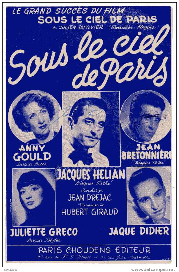 PARTITION - SOUS LE CIEL DE PARIS - FILM : JULIEN DUVIVIER - PAROLES : JEAN DREJAC - MUSIQUE : HUBERT GIRAUD - GRECO - Chant Soliste