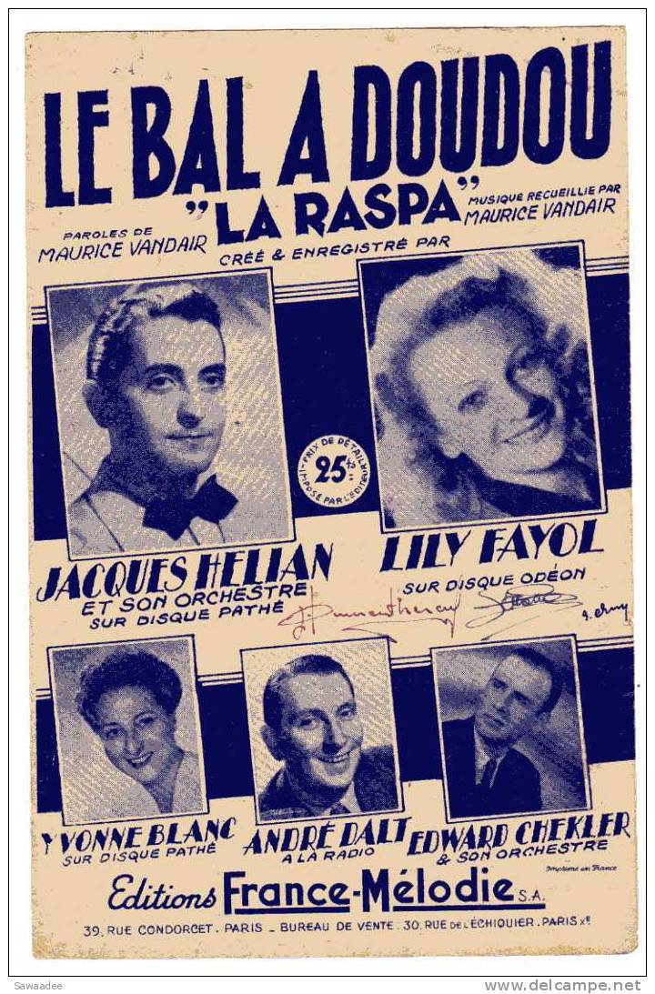 PARTITION - LE BAL A  DOUDOU - "LA RASPA" - PAROLES ET MUSIQUE : MAURICE VANDAIR - JACQUES HELIAN - Gesang (solo)