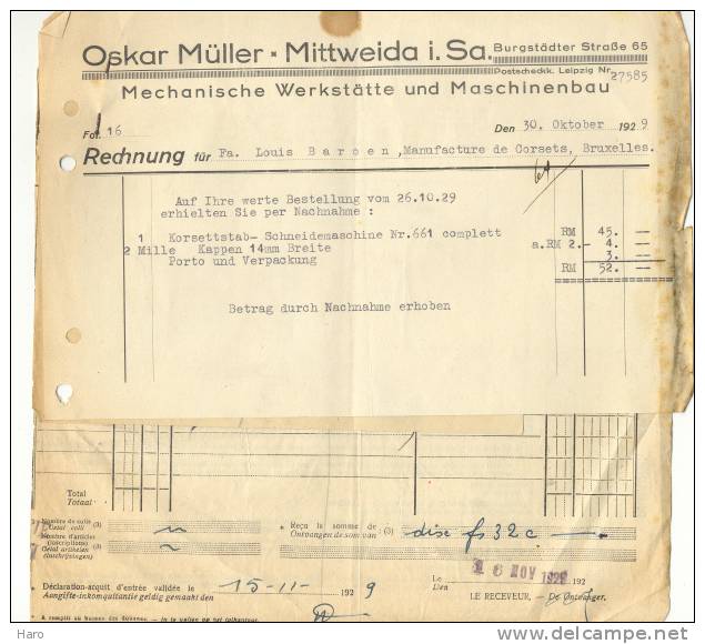 RECHNUNG - LEIPZIG - Oskar Müller - Maschinenbau 1929 - 3 Dokumente (sf30) - Autres & Non Classés