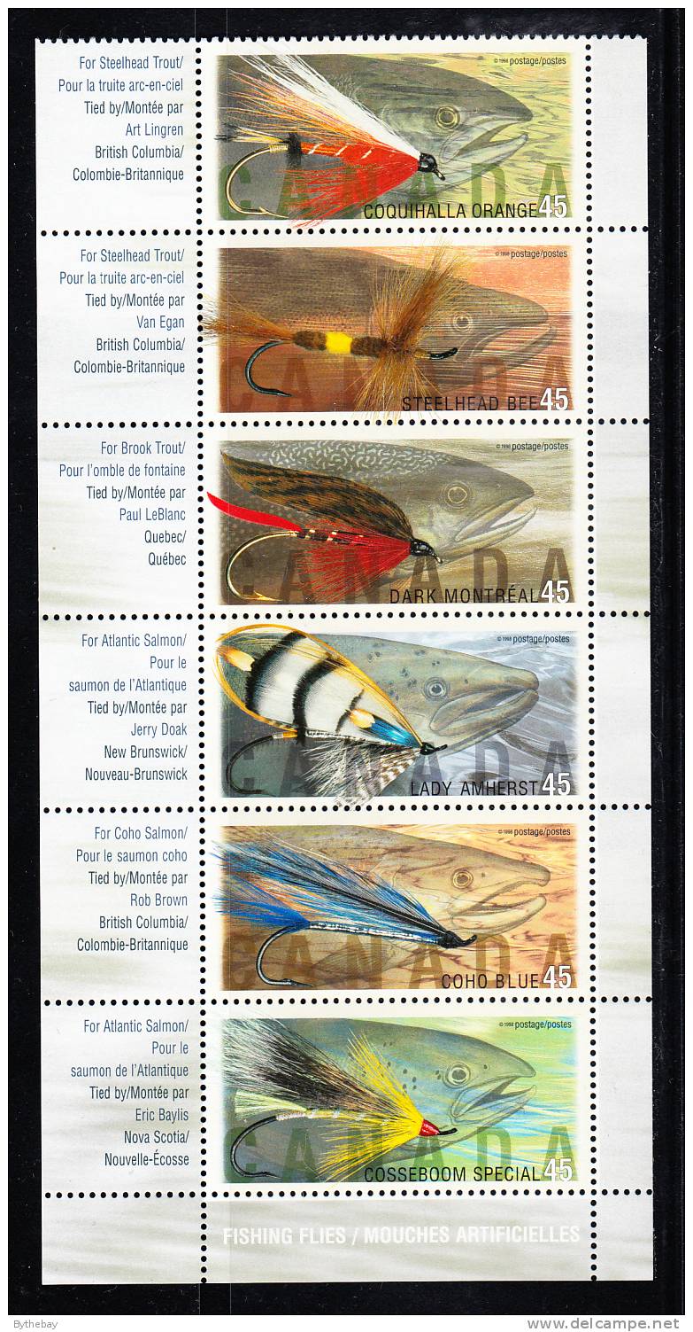 Canada Scott #1720aii MNH Strip Of 6 Plus Side And Bottom Tabs Never Folded 45c Fishing Flies - Ongebruikt