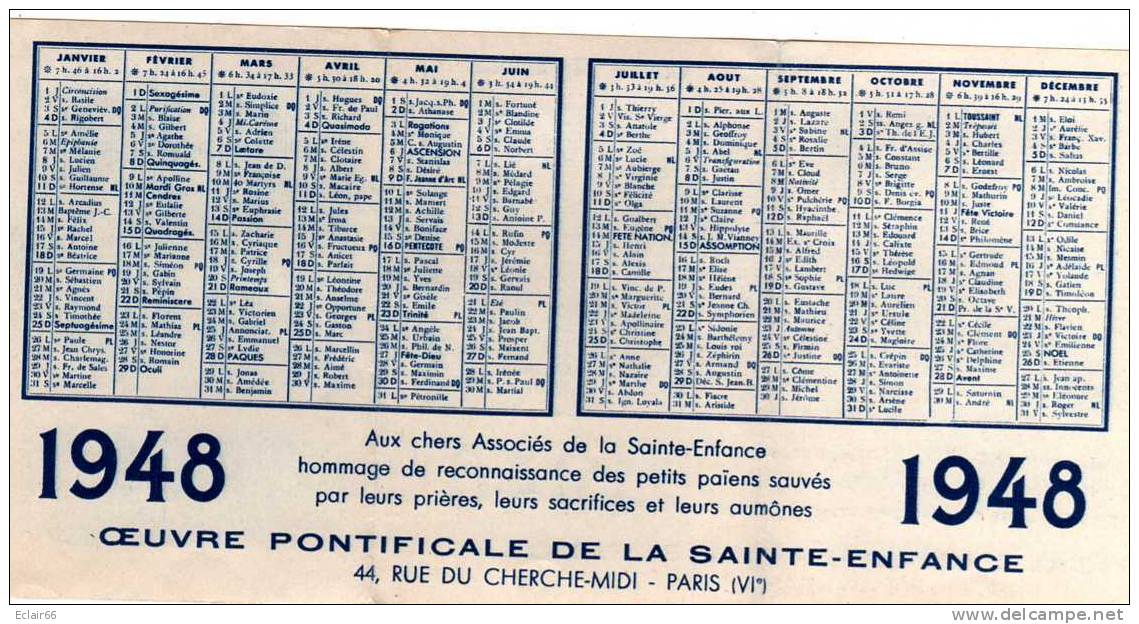 Calendrier Petit Format Année 1948 Oeuvre Pontificale De La Sainte - Enfance - Kleinformat : 1941-60