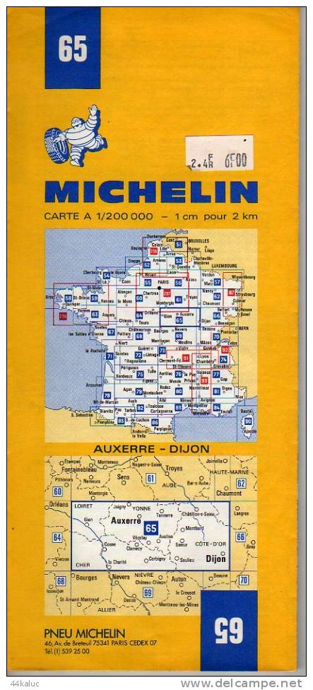 Carte MICHELIN AUXERRE DIJON N° 65  (en 1982) - Carte Stradali