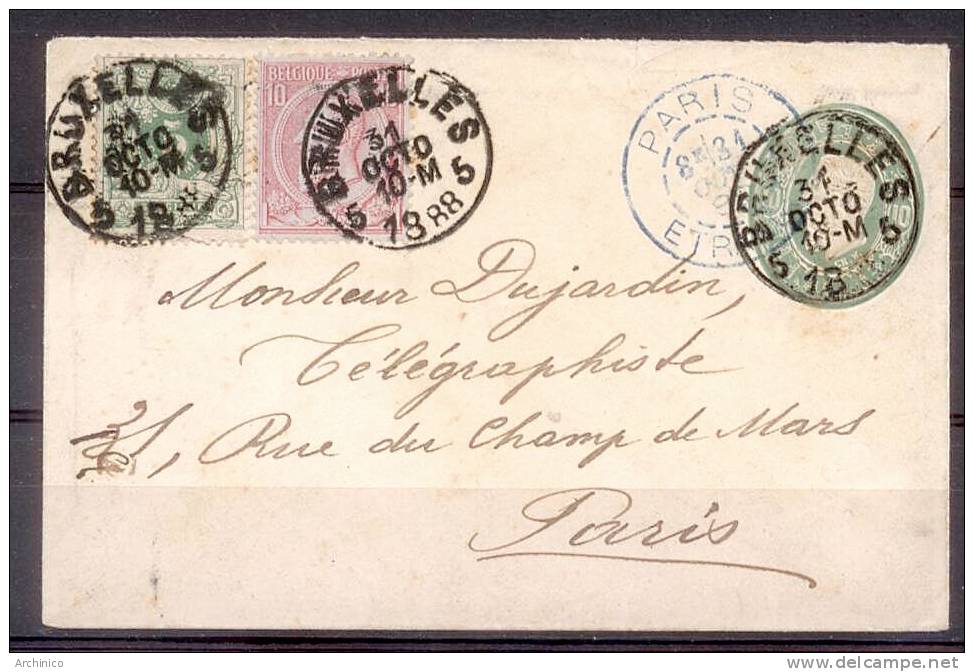 Belgique : 45 + 46 Sur Enveloppe Préaffranchie De Bx Vers Paris - 1884-1891 Leopold II